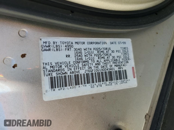 1999 Lexus RX 300 z VIN JT6GF10U1X0043401, wystawiony jako Copart lot #46037265 z przebiegiem 123 935 mil mil oraz Szkoda całkowita • Salvage title. Historia ofert i sprzedaży dostępna na DreamBid. Obrazek 15.