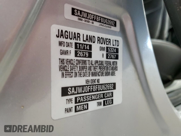 2015 Jaguar XF V6 Portfolio with VIN SAJWJ0FF8F8U62692, listed as a Copart auction lot 48338255 with 0 mi miles and Clean Title. Bid and sale history available at carsss.com. Image 12.