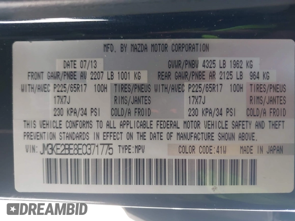 2014 Mazda CX-5 Sport z VIN JM3KE2BE8E0371775, wystawiony jako IAAI lot #42111417 z przebiegiem 150 932 mil mil oraz . Historia ofert i sprzedaży dostępna na DreamBid. Obrazek 9.