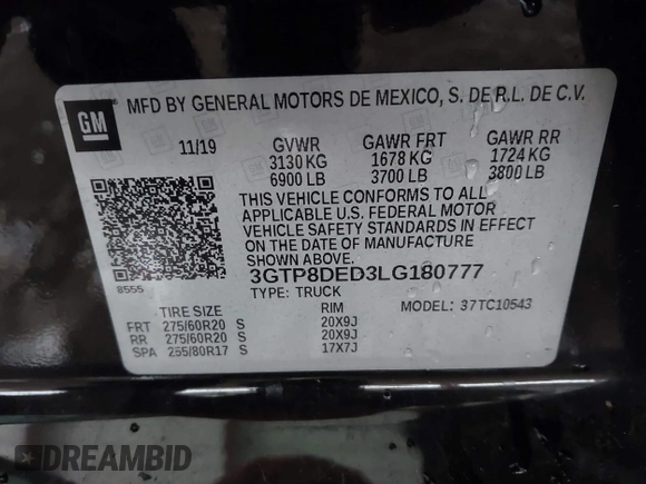 2020 GMC Sierra 1500 SLT with VIN 3GTP8DED3LG180777, listed as a IAAI auction lot 41296271 with 109,457 mi miles and . Bid and sale history available at DreamBid. Image 9.