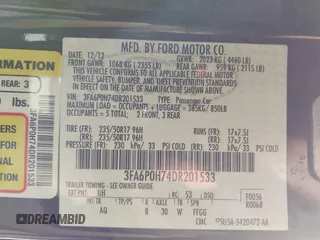2013 Ford Fusion SE with VIN 3FA6P0H74DR201533, listed as a IAAI auction lot 41991723 with 150,318 mi miles and . Bid and sale history available at DreamBid. Image 9.