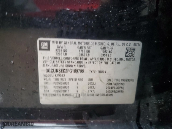 2015 Chevrolet Silverado 1500 LTZ with VIN 3GCUKSEC2FG109798, listed as a Copart auction lot 43343845 with 159,044 mi miles and Salvage Title. Bid and sale history available at carsss.com. Image 14.