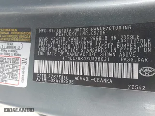 2007 Toyota Camry CE with VIN 4T1BE46K07U536021, listed as a IAAI auction lot 41831968 with 156,381 mi miles. Bid and sale history available at carsss.com. Image 9.