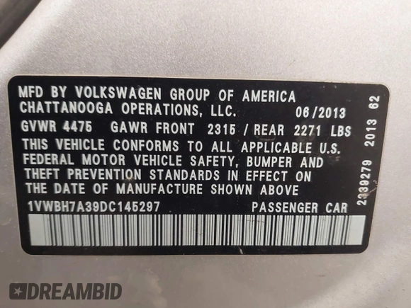 2013 Volkswagen Passat SE with VIN 1VWBH7A39DC145297, listed as a IAAI auction lot 42048991 with 146,897 mi miles and . Bid and sale history available at DreamBid. Image 9.