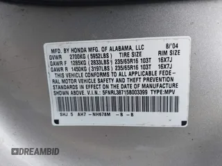 2005 Honda Odyssey EX-L with VIN 5FNRL38715B003399, listed as a IAAI auction lot 42589092 with 252,737 mi miles and . Bid and sale history available at DreamBid. Image 9.