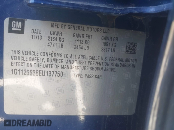 2014 Chevrolet Impala LT with VIN 1G1125S38EU137750, listed as a IAAI auction lot 41763793 with 89,661 mi miles and . Bid and sale history available at DreamBid. Image 9.