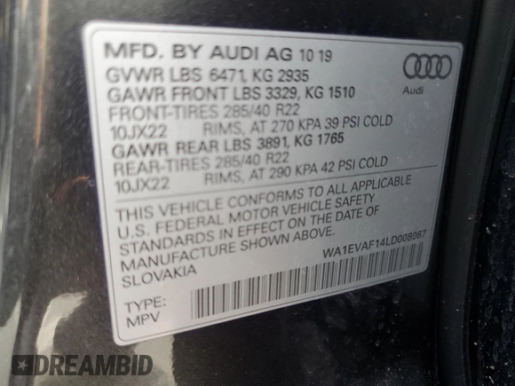 2020 Audi Q8 Premium Plus with VIN WA1EVAF14LD008087, listed as a Copart auction lot 43336565 with 78,423 mi miles and Clean title. Bid and sale history available at DreamBid. Image 13.