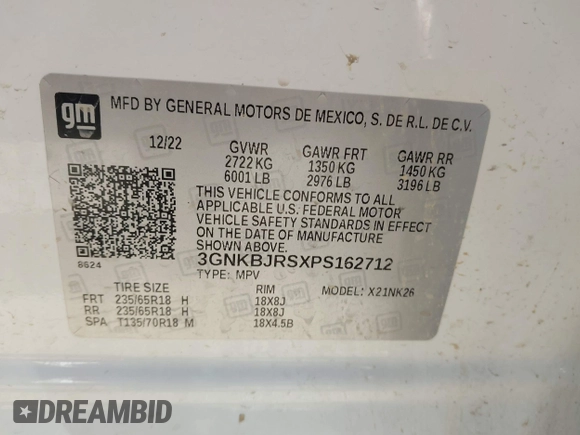 2023 Chevrolet Blazer LT with VIN 3GNKBJRSXPS162712, listed as a IAAI auction lot 42056878 with 52,500 mi miles and . Bid and sale history available at DreamBid. Image 9.