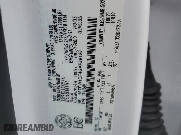 2016 Ford F-150 XLT с VIN 1FTFW1EF4GKF29168, выставлен на аукционе Copart как лот 61815395 с пробегом 92 918 миль миль и Списание • Salvage title. История ставок и продаж доступна на DreamBid. Изображение 13.