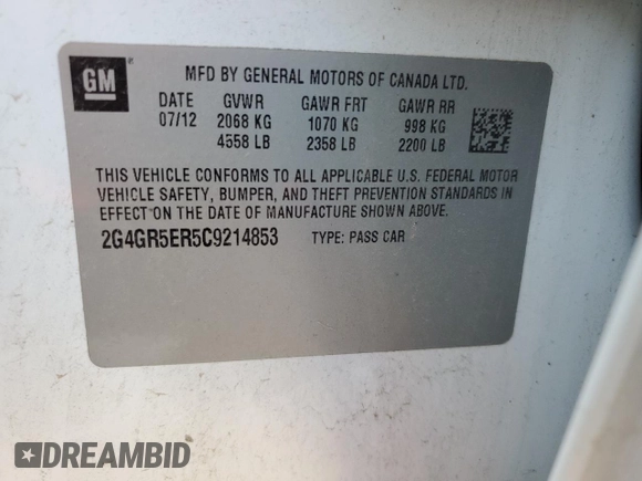 2012 Buick Regal with VIN 2G4GR5ER5C9214853, listed as a Copart auction lot 80306674 with 185,815 mi miles and Salvage Title. Bid and sale history available at carsss.com. Image 12.