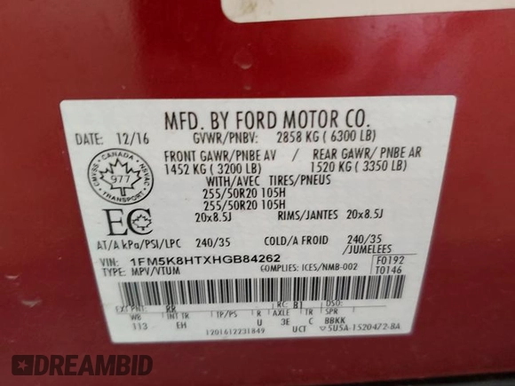 2017 Ford Explorer Platinum with VIN 1FM5K8HTXHGB84262, listed as a Copart auction lot 59266165 with 50,702 mi miles and Salvage title. Bid and sale history available at DreamBid. Image 14.