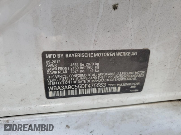 2013 BMW 3 Series 335i with VIN WBA3A9C55DF475553, listed as a Copart auction lot 82293414 with 0 mi miles and Salvage Title. Bid and sale history available at carsss.com. Image 13.