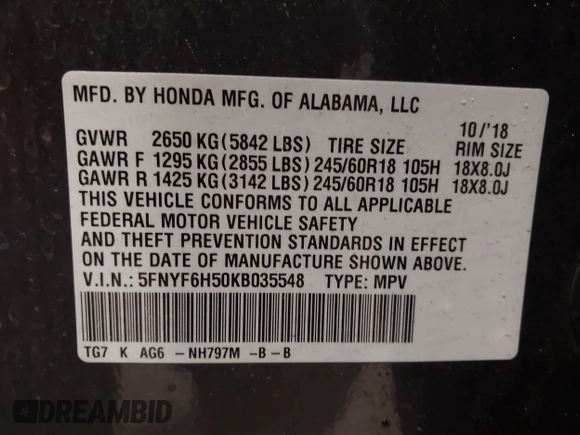 2019 Honda Pilot EX-L with VIN 5FNYF6H50KB035548, listed as a IAAI auction lot 42011724 with 105,195 mi miles and . Bid and sale history available at DreamBid. Image 9.