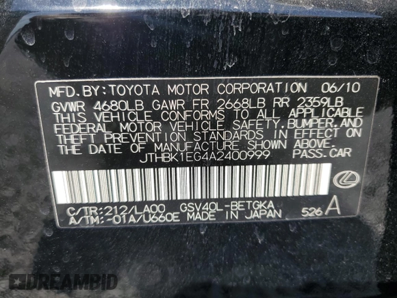 2010 Lexus ES 330 with VIN JTHBK1EG4A2400999, listed as a Copart auction lot 47925445 with 270,954 mi miles and Salvage Title. Bid and sale history available at DreamBid. Image 14.
