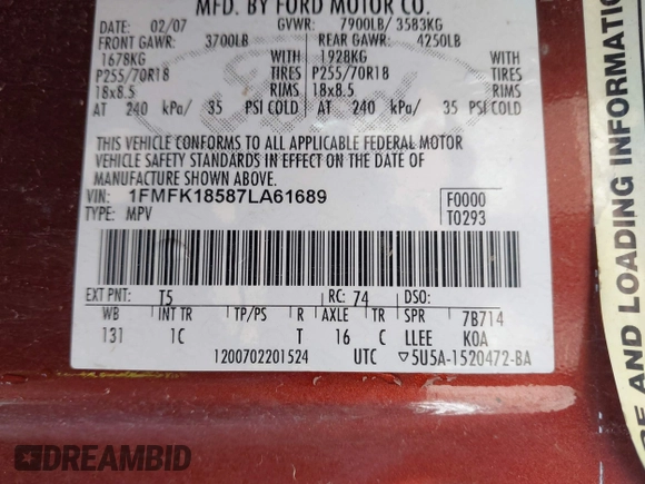 2007 Ford Expedition Max Eddie Bauer with VIN 1FMFK18587LA61689, listed as a IAAI auction lot 41823676 with 257,345 mi miles and . Bid and sale history available at DreamBid. Image 9.