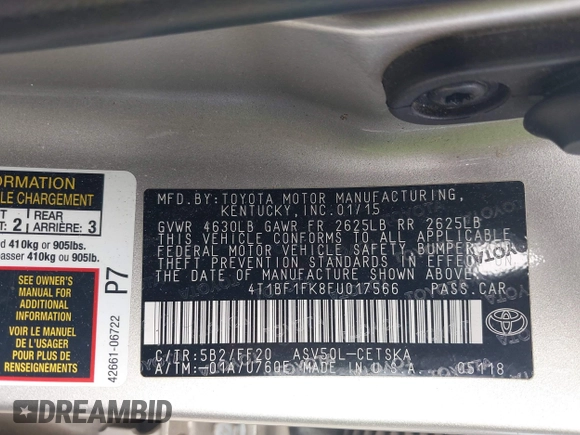 2015 Toyota Camry XLE with VIN 4T1BF1FK8FU017566, listed as a IAAI auction lot 41752942 with 196,495 mi miles and . Bid and sale history available at DreamBid. Image 9.