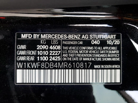 2021 Mercedes-Benz C 300 with VIN W1KWF8DB4MR610817, listed as a Copart auction lot 57913455 with 40,810 mi miles and Salvage title. Bid and sale history available at DreamBid. Image 13.