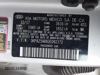 2018 Kia Rio LX with VIN 3KPA25AB8JE092172, listed as a IAAI auction lot 41865113 with 103,043 mi miles and . Bid and sale history available at DreamBid. Image 9.