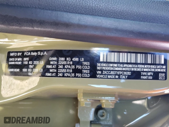 2015 Jeep Renegade Limited with VIN ZACCJBDT1FPC36282, listed as a Copart auction lot 41671525 with 127,938 mi miles and Salvage Title. Bid and sale history available at DreamBid. Image 15.