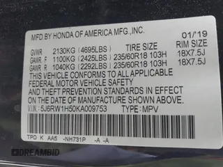 2019 Honda CR-V EX with VIN 5J6RW1H50KA009753, listed as a IAAI auction lot 41920084 with 59,129 mi miles. Bid and sale history available at carsss.com. Image 9.