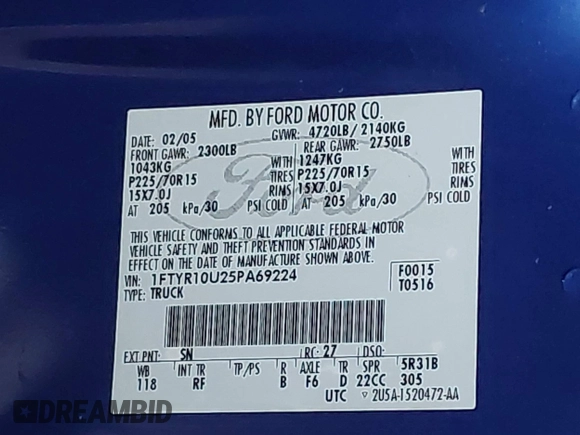 2005 Ford Ranger XL with VIN 1FTYR10U25PA69224, listed as a IAAI auction lot 42166409 with 91,058 mi miles and . Bid and sale history available at DreamBid. Image 9.