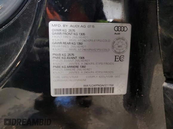 2016 Audi SQ5 3.0T Technik with VIN WA1LCAFPXGA021158, listed as a Copart auction lot 83837454 with 119,449 mi miles and Salvage Title. Bid and sale history available at carsss.com. Image 14.