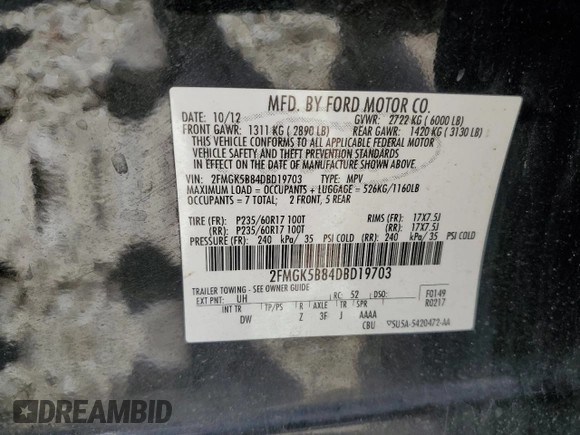 2013 Ford Flex SE with VIN 2FMGK5B84DBD19703, listed as a Copart auction lot 48289385 with 148,237 mi miles and Salvage Title. Bid and sale history available at carsss.com. Image 13.