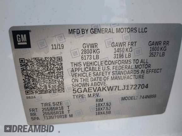 2020 Buick Enclave Essence with VIN 5GAEVAKW7LJ172704, listed as a IAAI auction lot 41641520 with 64,252 mi miles. Bid and sale history available at carsss.com. Image 9.