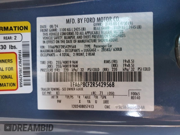 2024 Ford Mustang GT with VIN 1FA6P8CF2R5429568, listed as a Copart auction lot 60471835 with Not provided miles and Salvage title. Bid and sale history available at DreamBid. Image 12.