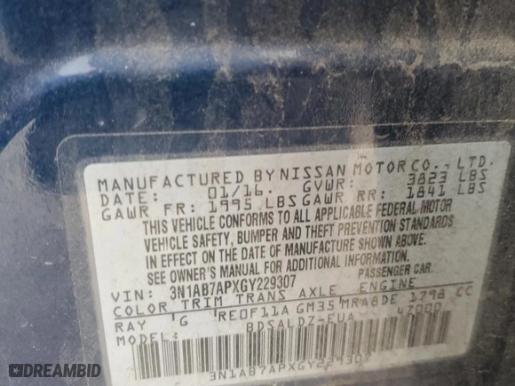 2016 Nissan Sentra SL with VIN 3N1AB7APXGY229307, listed as a Copart auction lot 47130555 with 194,083 mi miles and Clean Title. Bid and sale history available at carsss.com. Image 12.