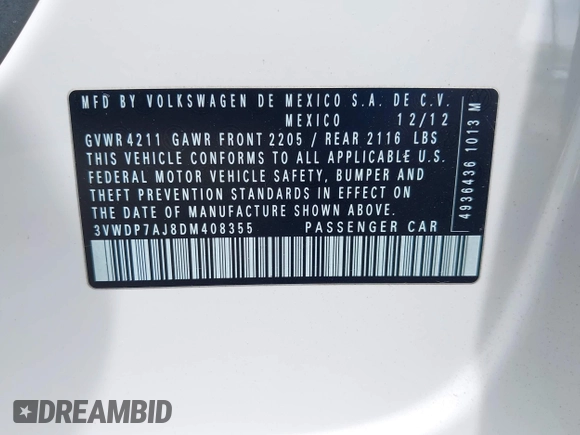 2013 Volkswagen Jetta SE with VIN 3VWDP7AJ8DM408355, listed as a IAAI auction lot 42229050 with 186,851 mi miles and . Bid and sale history available at DreamBid. Image 9.