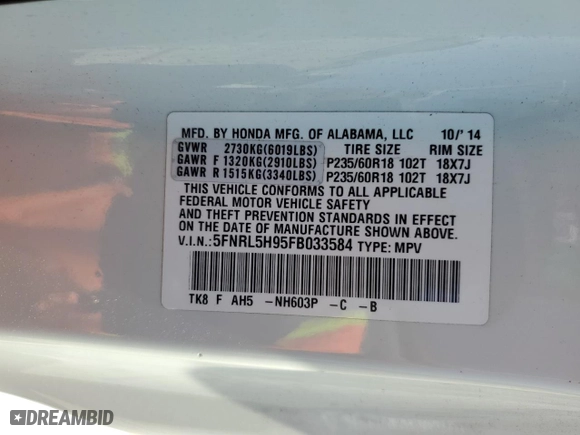 2015 Honda Odyssey Touring Elite with VIN 5FNRL5H95FB033584, listed as a Copart auction lot 50383515 with 136,810 mi miles and Salvage Title. Bid and sale history available at carsss.com. Image 15.