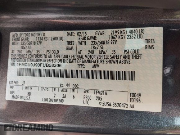 2015 Ford Escape Titanium with VIN 1FMCU9J90FUB58306, listed as a IAAI auction lot 41815151 with 136,835 mi miles. Bid and sale history available at carsss.com. Image 9.