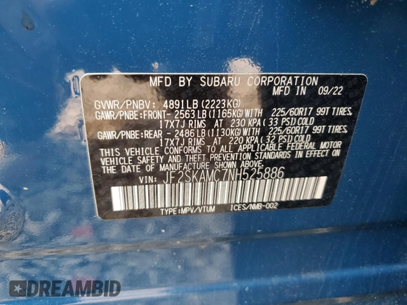 2022 Subaru Forester Wilderness with VIN JF2SKAMC7NH525886, listed as a Copart auction lot 59304805 with 42,475 mi miles and Salvage title. Bid and sale history available at DreamBid. Image 14.