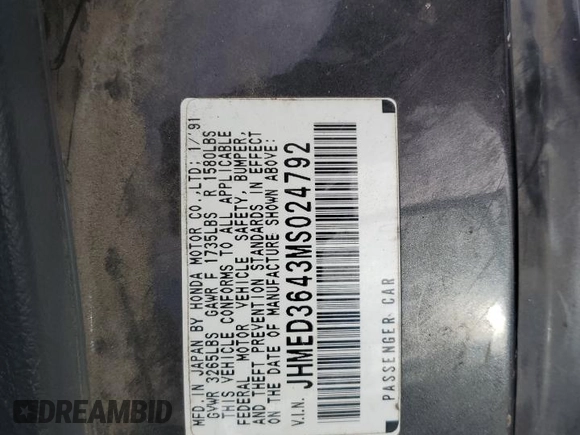 1991 Honda Civic z VIN JHMED3643MS024792, wystawiony jako Copart lot #73983734 z przebiegiem 227 110 mil mil oraz Czysty tytuł • Clean title. Historia ofert i sprzedaży dostępna na DreamBid. Obrazek 14.