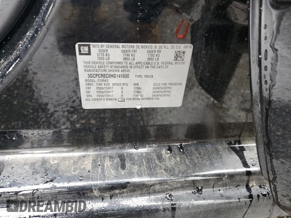 2017 Chevrolet Silverado 1500 LT with VIN 3GCPCREC8HG141600, listed as a Copart auction lot 43753515 with 0 mi miles and Salvage Title. Bid and sale history available at carsss.com. Image 12.