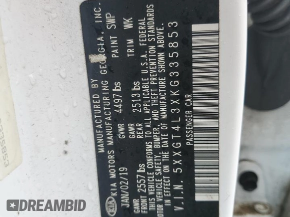 2019 Kia Optima LX with VIN 5XXGT4L3XKG335853, listed as a Copart auction lot 45223815 with 124,204 mi miles and Salvage Title. Bid and sale history available at carsss.com. Image 14.