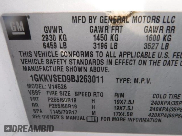 2011 GMC Acadia SLT2 with VIN 1GKKVSED9BJ263011, listed as a Copart auction lot 41881345 with 103,990 mi miles and Salvage Title. Bid and sale history available at carsss.com. Image 8.