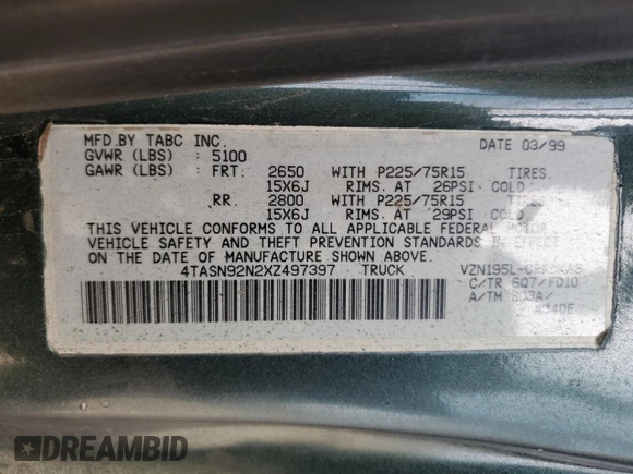 1999 Toyota Tacoma PreRunner with VIN 4TASN92N2XZ497397, listed as a Copart auction lot 56367005 with 281,137 mi miles and Salvage title. Bid and sale history available at DreamBid. Image 12.