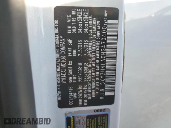 2017 Hyundai Santa Fe Sport 2.0T with VIN 5XYZU4LA0HG470400, listed as a Copart auction lot 89015435 with 103,128 mi miles and Clean Title. Bid and sale history available at carsss.com. Image 12.