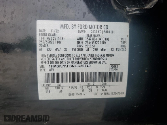 2022 Ford Explorer ST-Line with VIN 1FMSK7KH3NGC30740, listed as a Copart auction lot 54407905 with 46,569 mi miles and Salvage title. Bid and sale history available at DreamBid. Image 13.