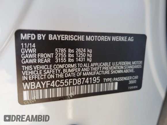 2015 BMW 7 Series 740Li xDrive with VIN WBAYF4C55FD874195, listed as a Copart auction lot 39701134 with 55,065 mi miles and . Bid and sale history available at DreamBid. Image 12.