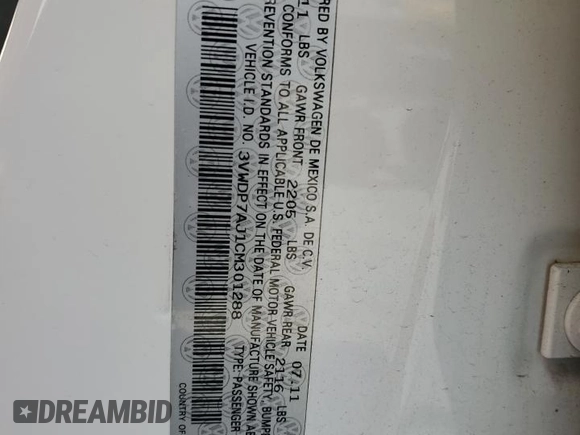 2012 Volkswagen Jetta SE с VIN 3VWDP7AJ1CM301288, выставлен на аукционе Copart как лот 50103315 с пробегом 46 183 миль миль и Списание • Salvage title. История ставок и продаж доступна на DreamBid. Изображение 12.