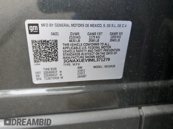 2021 Chevrolet Equinox LT z VIN 3GNAXUEV9ML371279, wystawiony jako Copart lot #55960005 z przebiegiem 54 110 mil mil oraz Szkoda całkowita • Salvage title. Historia ofert i sprzedaży dostępna na DreamBid. Obrazek 13.