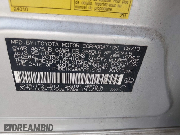 2011 Lexus GS 350 z VIN JTHBE1KS8B0051570, wystawiony jako IAAI lot #42276004 z przebiegiem 230 000 mil mil oraz . Historia ofert i sprzedaży dostępna na DreamBid. Obrazek 9.