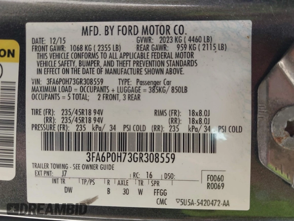 2016 Ford Fusion SE with VIN 3FA6P0H73GR308559, listed as a IAAI auction lot 39305107 with 168,930 mi miles and . Bid and sale history available at DreamBid. Image 9.