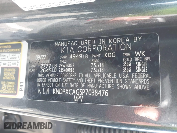 2023 Kia Sportage SX-Prestige with VIN KNDPXCAG5P7038476, listed as a IAAI auction lot 41532005 with 14,151 mi miles and . Bid and sale history available at DreamBid. Image 9.