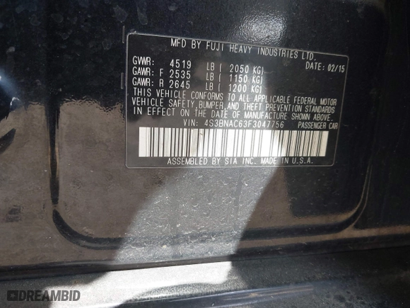2015 Subaru Legacy 2.5i Premium with VIN 4S3BNAC63F3047756, listed as a IAAI auction lot 42010407 with 123,115 mi miles. Bid and sale history available at carsss.com. Image 9.