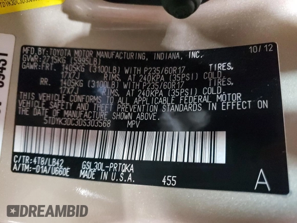 2013 Toyota Sienna XLE AAS с VIN 5TDYK3DC3DS303568, выставлен на аукционе Copart как лот 60126645 с пробегом 63 194 миль миль и Списание • Salvage title. История ставок и продаж доступна на DreamBid. Изображение 13.