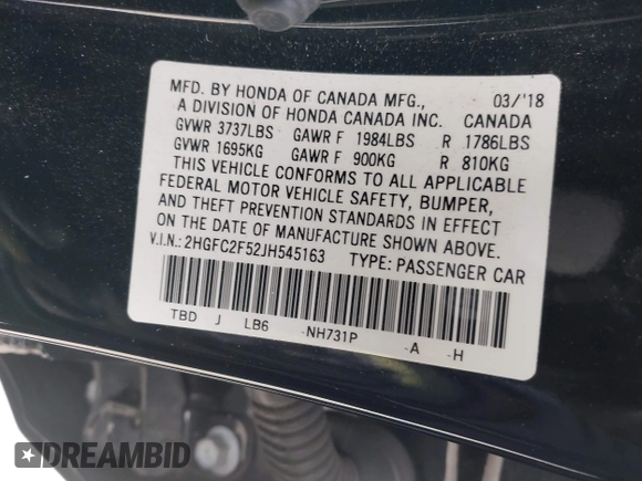 2018 Honda Civic LX with VIN 2HGFC2F52JH545163, listed as a IAAI auction lot 41289011 with 71,731 mi miles. Bid and sale history available at carsss.com. Image 9.